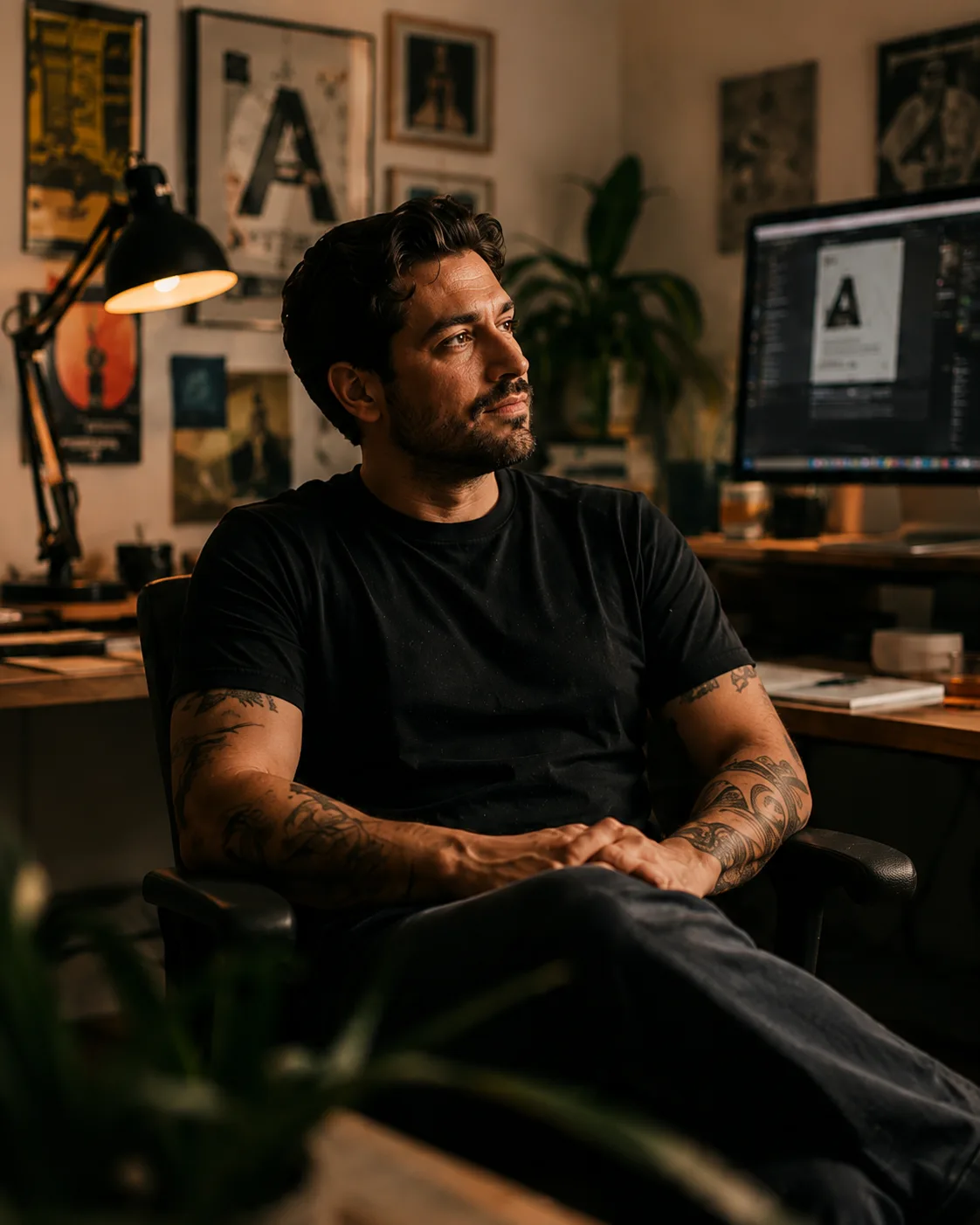 Portrait placeholder — designer in their studio, warm lamp light, relaxed and thoughtful, not a corporate headshot