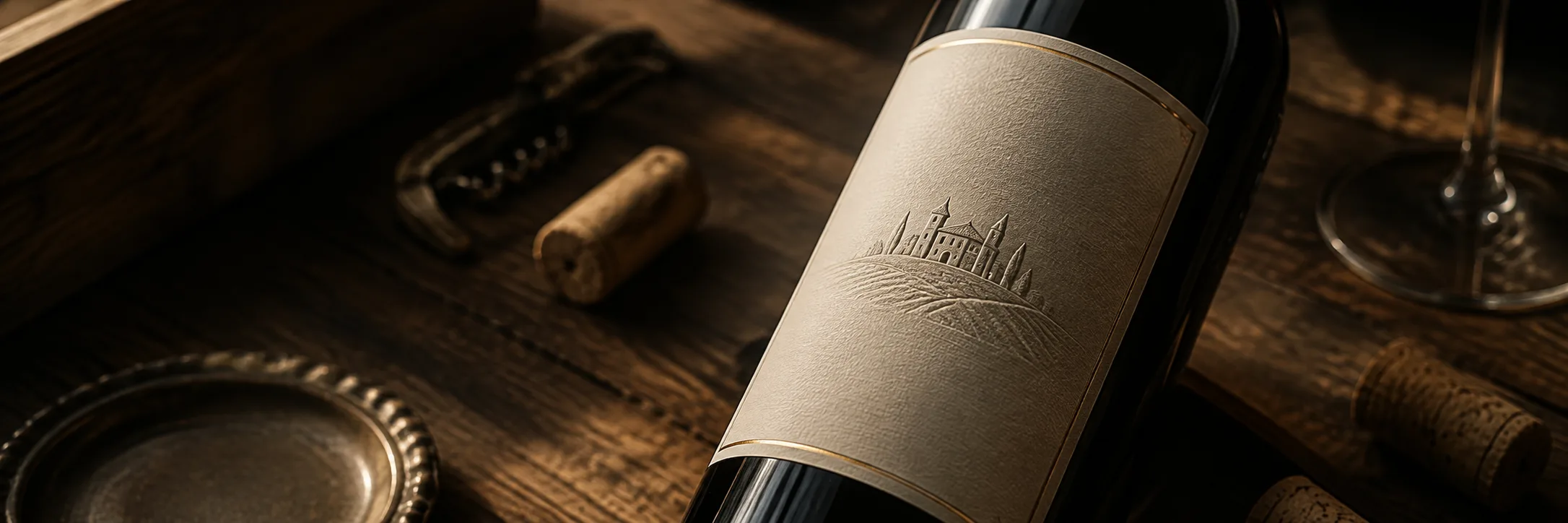 Campus Hill Winery — wine bottle and label on warm wood, low candlelight, vineyard heritage mood