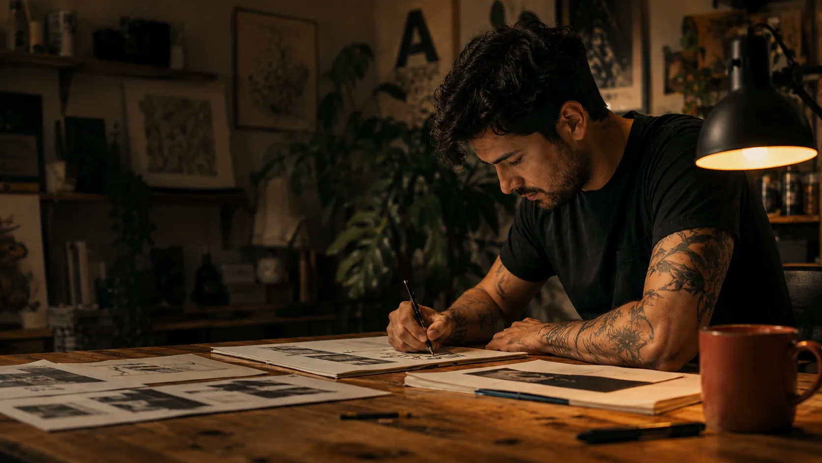 Hero image — designer at work in a warm, lamp-lit studio: sketchbook, prints on the wall, moody and cinematic