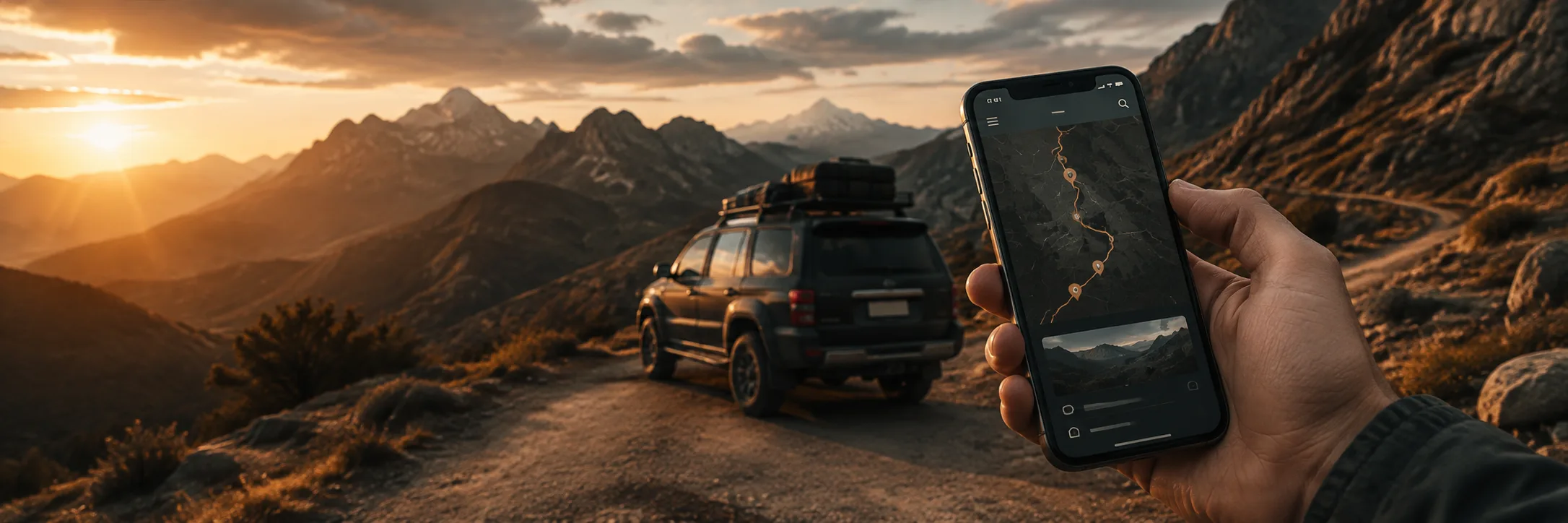 Rove — dust-trail road through mountains at golden hour, phone in hand showing the app, wide and open