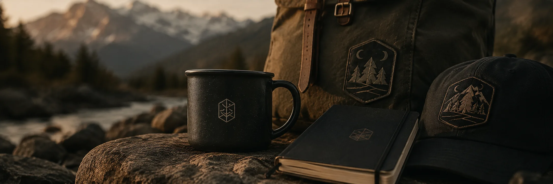 Stillground — enamel mug and stitched patch on canvas field gear, cool morning light, calm and grounded