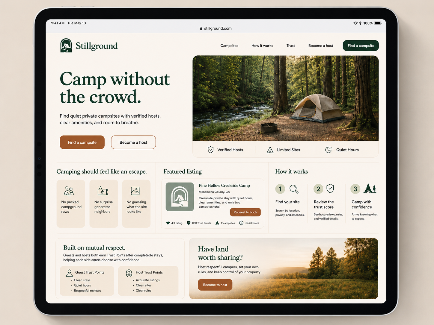 Stillground tablet homepage mockup